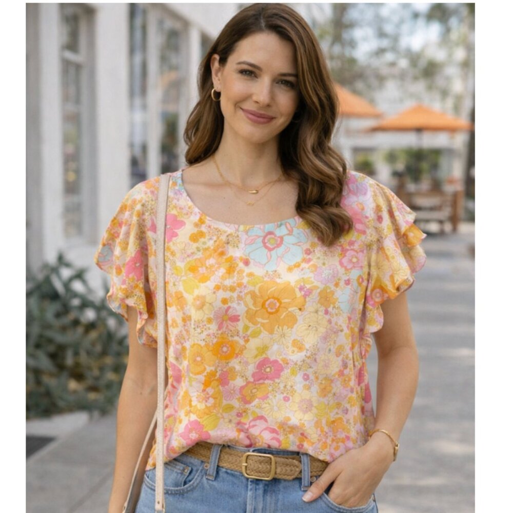 NWT Emerson Rose Groovy 70s Vintage Floral Retro Flutter Sleeve Top Small